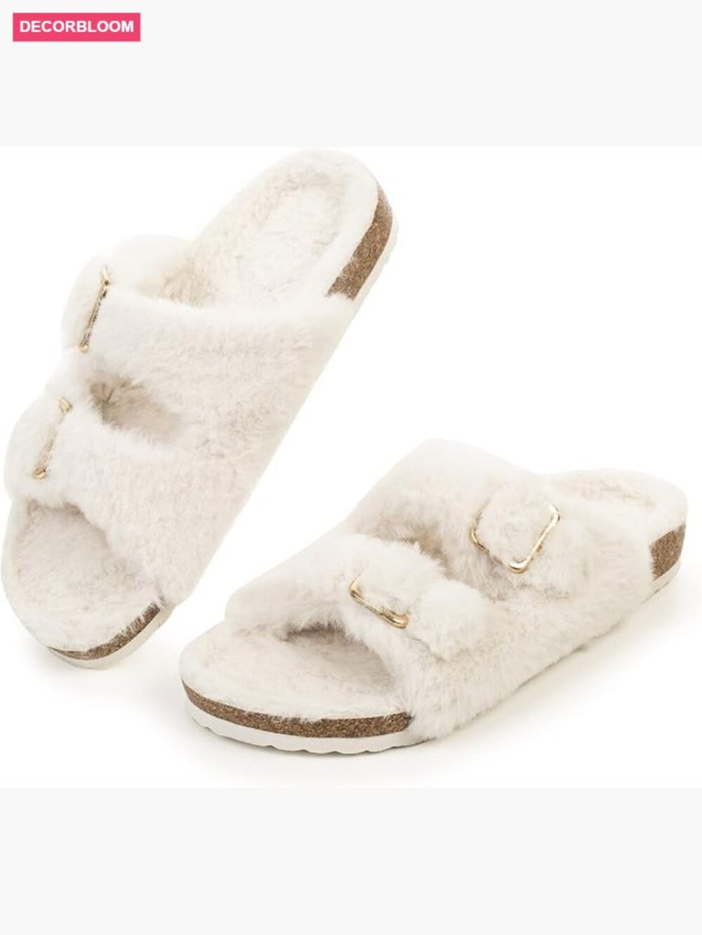 Faux Fur Lined Open Toe Cork Slide Slippers Women Size 6-11